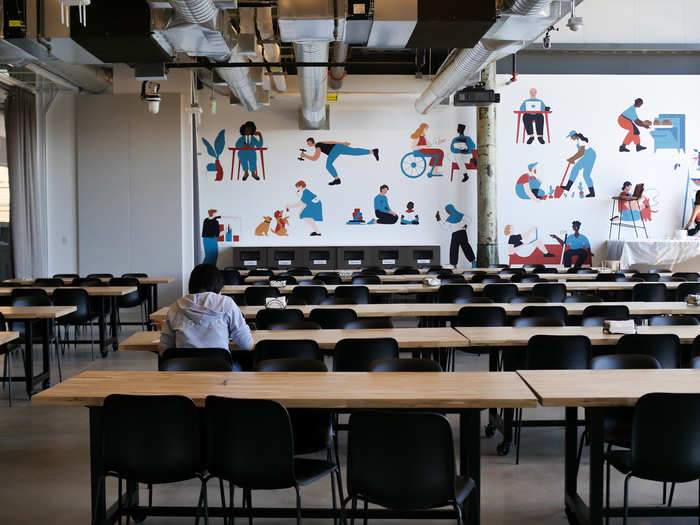 The cafeteria space doubles as meeting space, where all 275 employees can come together for company updates.