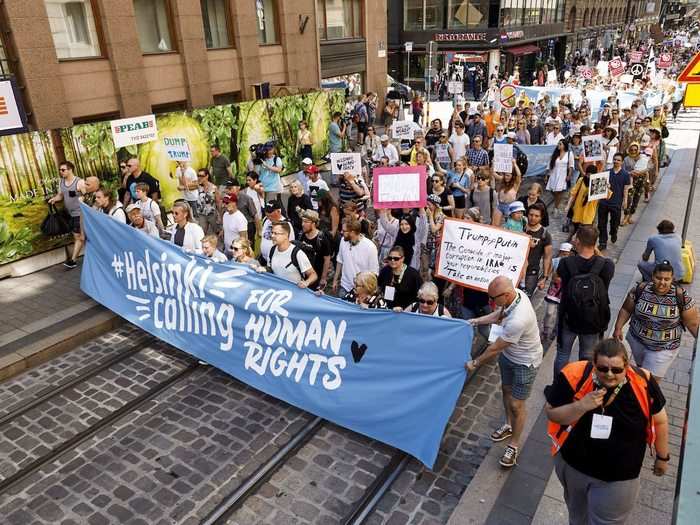 Meanwhile in Helsinki, a much bigger crowd of roughly 2,500 protesters were out demonstrating in support of human rights, democracy, and environmental issues on Sunday, one day before Trump and Putin will meet in their city.