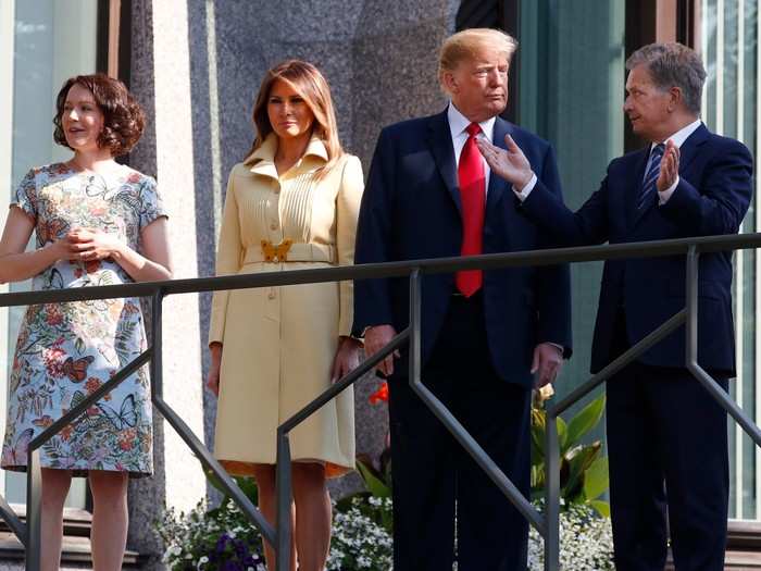 Finnish President Sauli Niinisto and his wife Jenni Haukio welcomed the president and first lady Melania Trump Monday morning at the Presidential Palace.