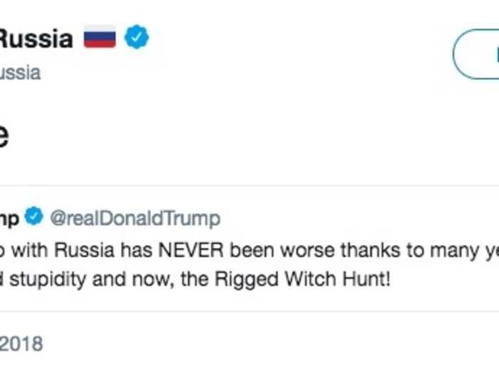 Trump began the day blaming the US for the poor state of US-Russia relations, calling the federal investigation that recently indicted 12 Russian intelligence agents for efforts to interfere with the 2016 US presidential election a "witch hunt". Russia