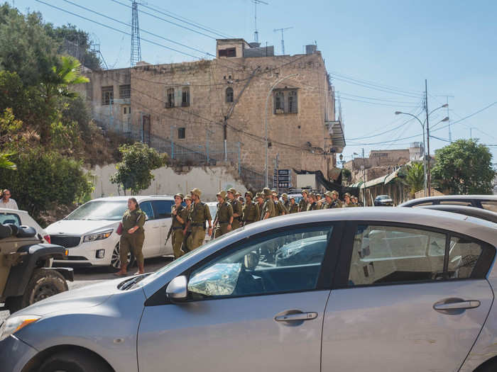 There are around 2,000 IDF soldiers in Hebron, most of whom are on the streets of H2. At times, the area feels like a military camp with jeeps and platoons constantly passing by. We were stopped several times so McLean could explain that he was a tour guide.