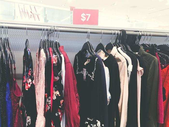 Sale racks were scattered around the store, with items ranging from $7 to $25 or more. Though this sale sign read $7, there were only a few items on the sales rack at that price point.