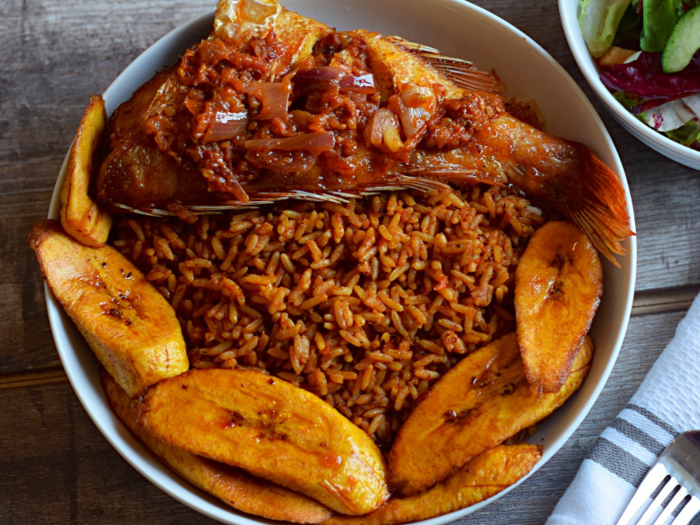 Jollof rice with chicken or fish is eaten in Nigeria and several other West African countries.