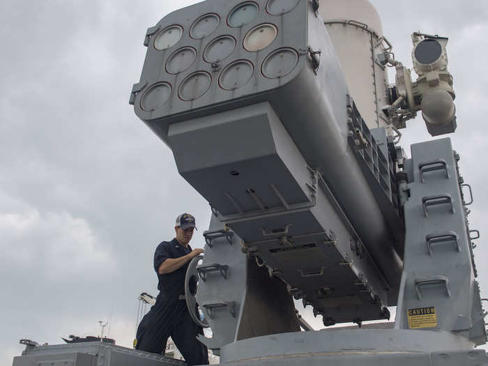 And a SeaRAM anti-ship missile defense system, which is on the roof of the hangar.