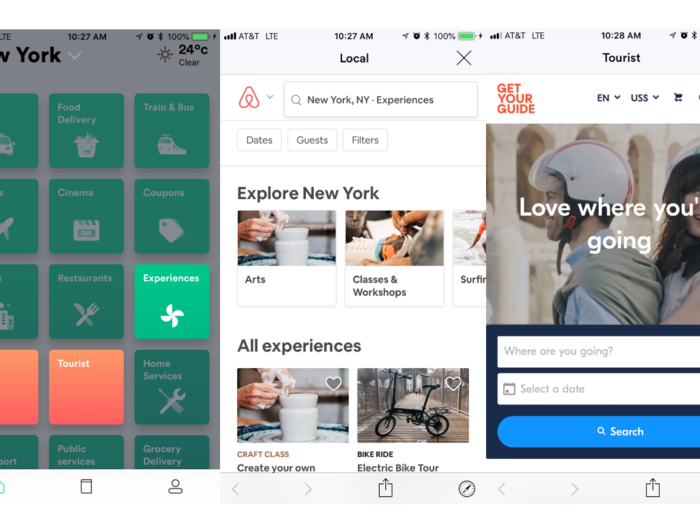 The "Experience" icon was the only one that opened up to more options: Local and Tourist. These seemed to be the same across the board, from what I saw: Airbnb was the service for Local, and GetYourGuide was the service for Tourist.