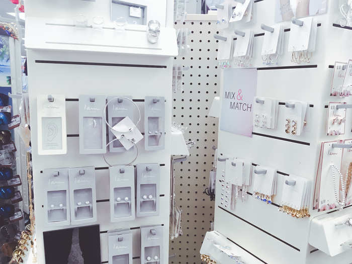 At the end of the aisle, a few shelves of jewelry were on display. Most pieces cost under $10 and were similar to what you might find at a store like Claire