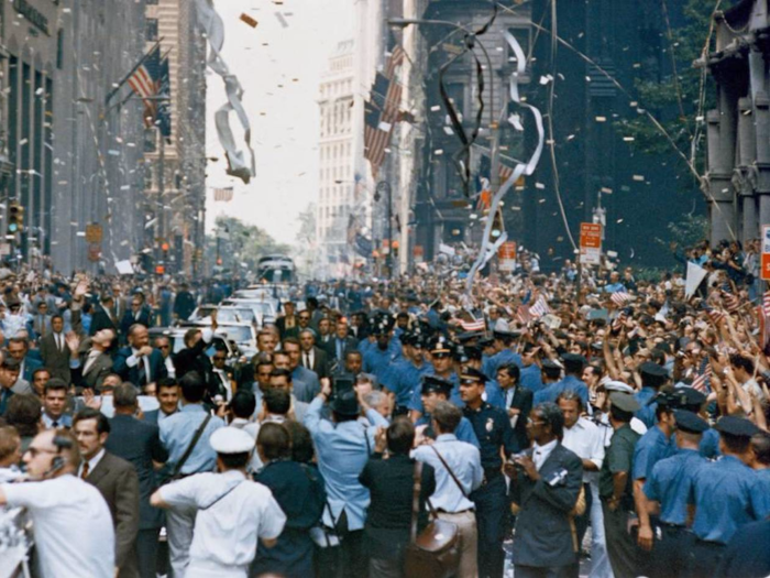 On August 13, the day the astronauts were allowed back outside, they were showered with ticker tape in New York City.