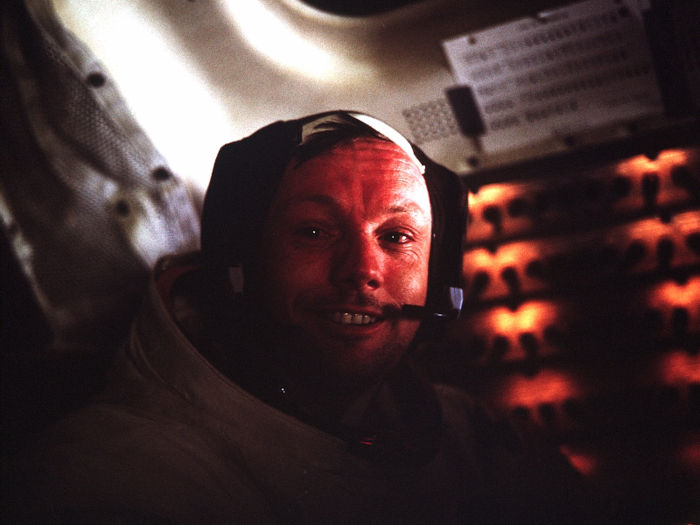 Things got a little chaotic during the landing when the landing guidance computer overloaded. But the astronauts were given the go-ahead and landed on the moon safely. Aldrin snapped this shot of his crewmate Armstrong.