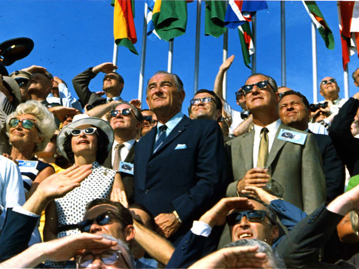 Former President Lyndon B. Johnson and sitting Vice President Spiro Agnew were there to see the three astronauts off.