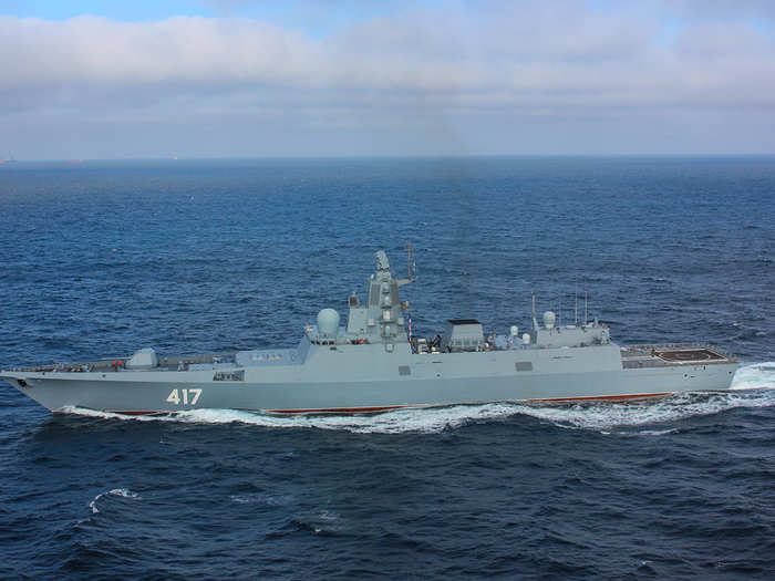 Admiral Gorshkov-class frigates are almost 427 feet long, and have a beam and draft of about 52 feet, and a displacement of 4,500 tons.