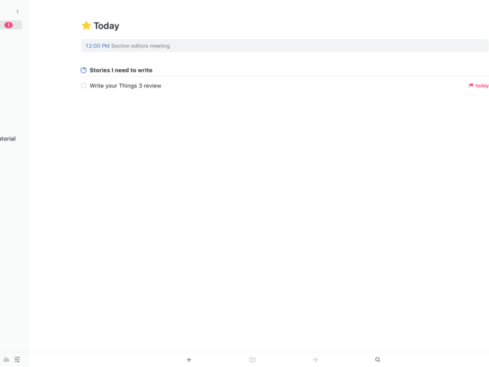 The Today tab shows you everything scheduled for the day. As you can see, I have a meeting at noon, and I also need to write my Things 3 re— oh man that