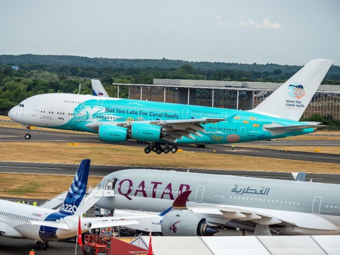 The first second-hand Airbus A380 operated by Portuguese airline HiFly landed in Farnborough a few days after the start of the show.