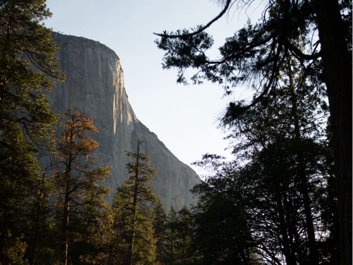 This is the typical view of El Capitan, a famous Yosemite rock formation, on a clear day.