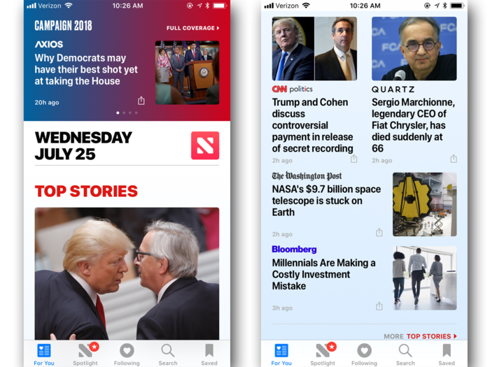 Compared to Google News, the Apple News app has a much busier look and feel.