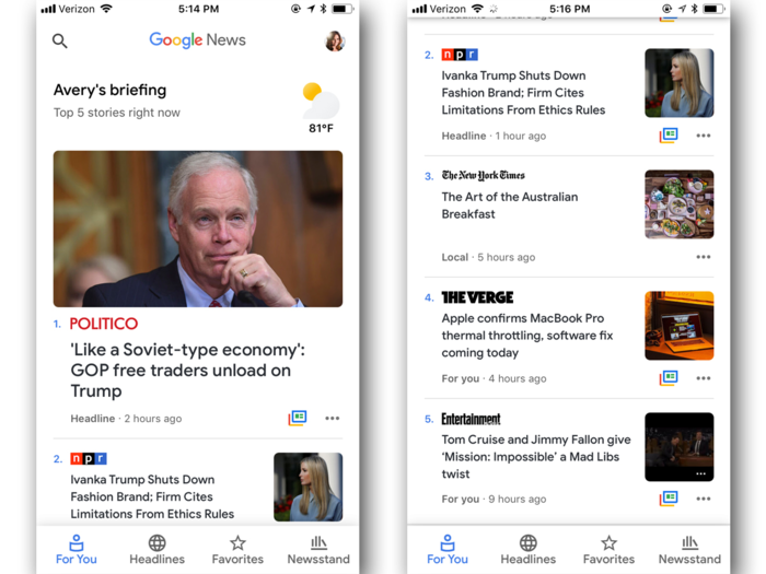 Once inside, the Google News app is clean, simple, and personalized.