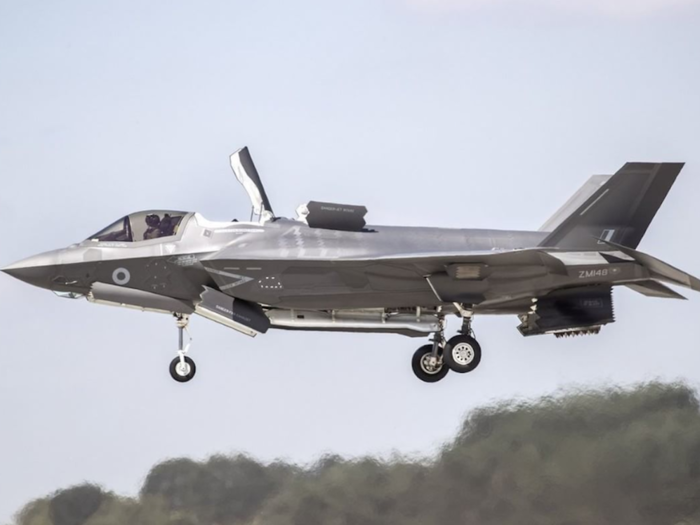 An F-35B Lightning performs its first vertical landing at Royal Air Force Marham in England.