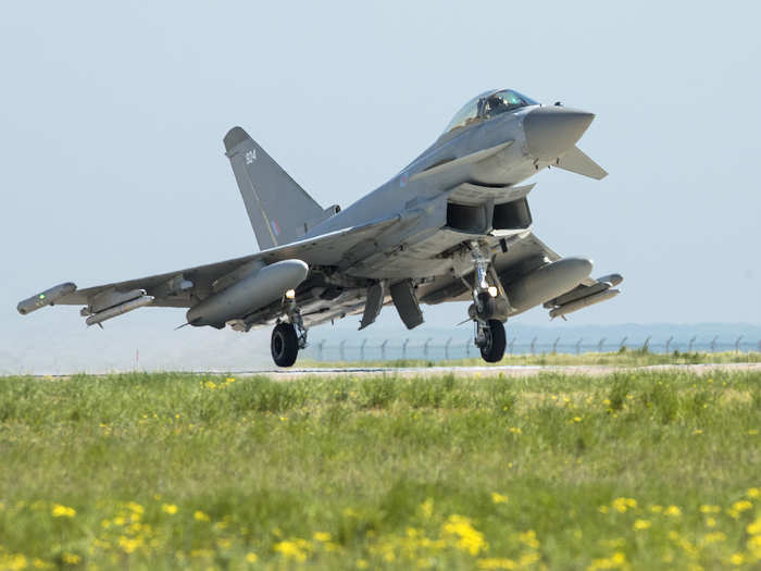A Royal Air Force Typhoon based in Romania takes off on July 26 to intercept a Russian Su-24 FENCER aircraft operating near NATO airspace over the Black Sea.