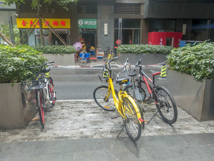 What makes bike sharing so incredible in China is that there are so many users — bicycle riding has a long history in the country once known as the "bicycle kingdom" — that Mobikes and Ofo bikes can be found just about anywhere. Like this random underpass in Shenzhen.