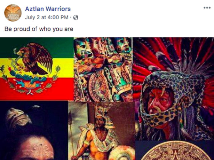 Colonialism and Native-American heritage was the focus of multiple posts included in Facebook’s sample set, most of them created by an account called “Aztlan Warriors.”