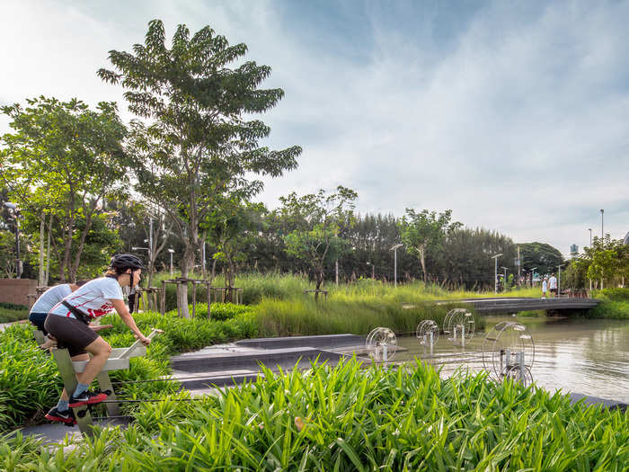 A linear rain garden — which also absorbs water — lines the park