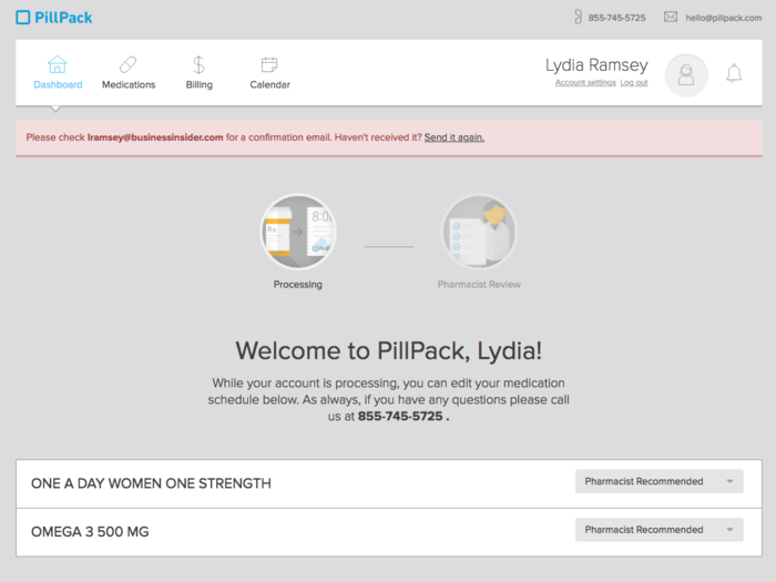 After that, I got sent to my prescription landing page, which showed that my account was processing. Later that day, I got a call from a PillPack representative asking if I had any questions. The rep said that it may take some time for my prescriptions to sync up. If I had multiple prescriptions that had different refill times, it may have taken extra time for all of them to sync up and show up in my monthly dispenser. Because I was getting vitamins, PillPack billed me directly for those, and the charge didn