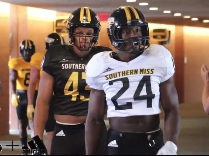 SOUTHERN MISSISSIPPI — The Golden Eagles are yet another school that made the switch to Adidas this season. Gone from their Riddell jerseys are the off-color sleeves and the outlines on the numbers. The helmets have added two stripes.