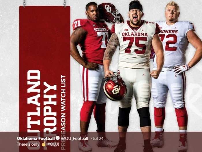 OKLAHOMA — OU is also jumping on the Jordan Brand bandwagon. The new uniforms also come with slight tweaking to the chest lettering and apparently the helmet logo is a little wider. Side-note: Linemen make the Jumpman logo look small.