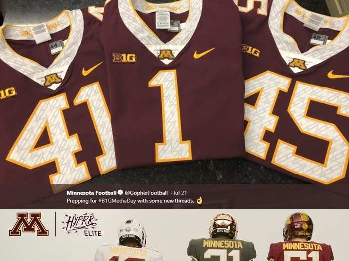 MINNESOTA — The Golden Gophers have a new jersey that adds a collar and switches the numbers from gold to white with a pattern and gold outline. In all, they have three new jerseys and three new helmets, including a gold chrome helmet.