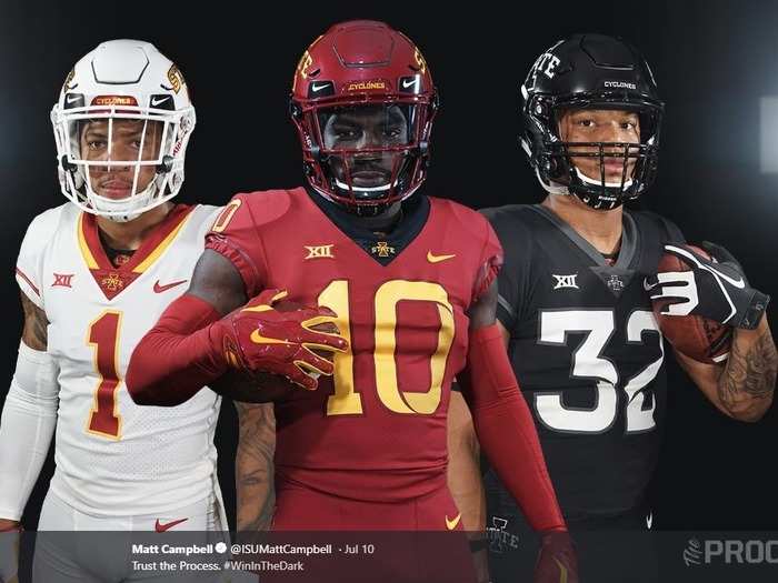 IOWA STATE — The Cyclones have added an all-black uniform. They have also dropped the shoulder stripes and appear to no longer have a red chrome helmet.