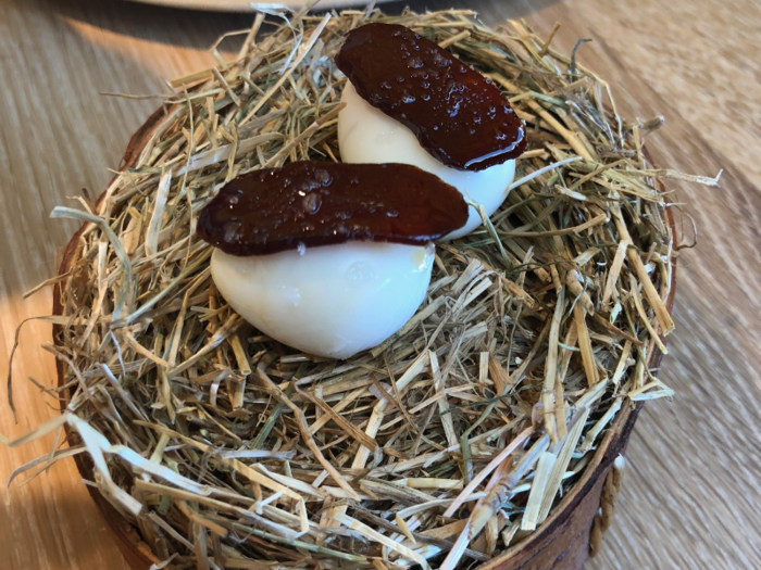 Next up was a quail’s egg cooked at exactly 129 degrees, topped with a “chorizo” made from rose hips, the fragrant berries which grow on rose bushes.