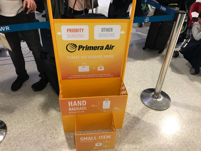 Primera charges for any checked baggage but allows you to carry 10kg worth of hand luggage spread across one carry-on bag and a smaller bag. Any customers with a bulky looking bag looking to cheat the system are pulled aside at the airport and forced to have these weighed.