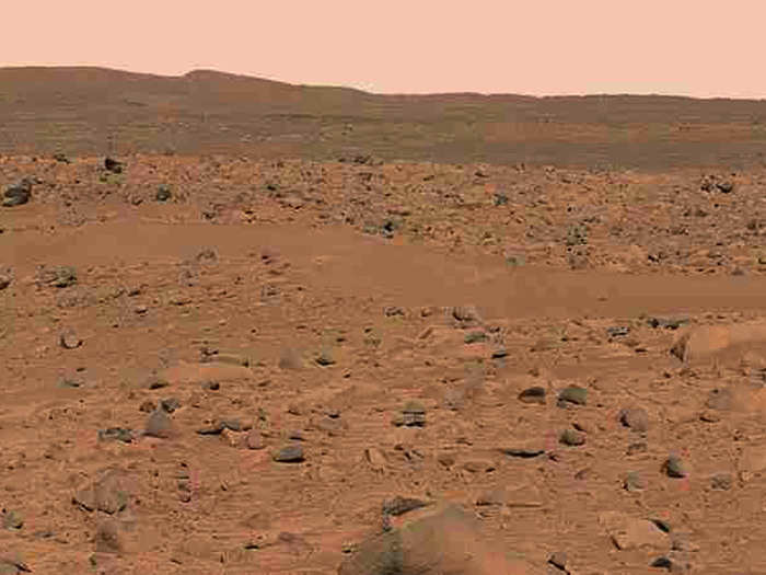 This image, cropped from a larger panoramic image mosaic, shows hills nicknamed the Columbia Hills. It was taken in 2004 by the Spirit rover, which arrived just before Opportunity in 2004. Spirit lost communication with Earth in 2010.