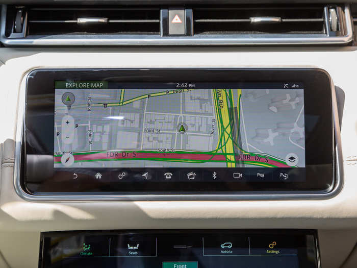 Land Rover equipped the Velar with its new Touch Pro Duo infotainment system which features a pair of 10-inch high definition touchscreens.