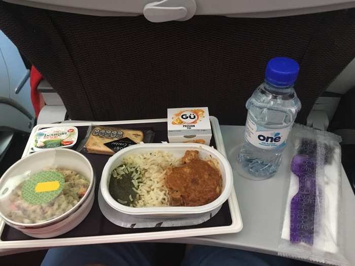 Lunch is served! We were presented with the option of a chicken curry, Toulouse sausages, or a rigatoni bake. Because your senses tend to be duller at altitude, I went with the dish with the strongest flavor, the chicken curry.