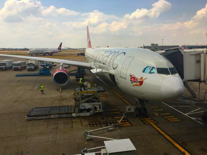 Waiting for me at the gate is our plane for this flight. Christened Beauty Queen, G-VSXY is a seven-year-old Airbus A330-300.