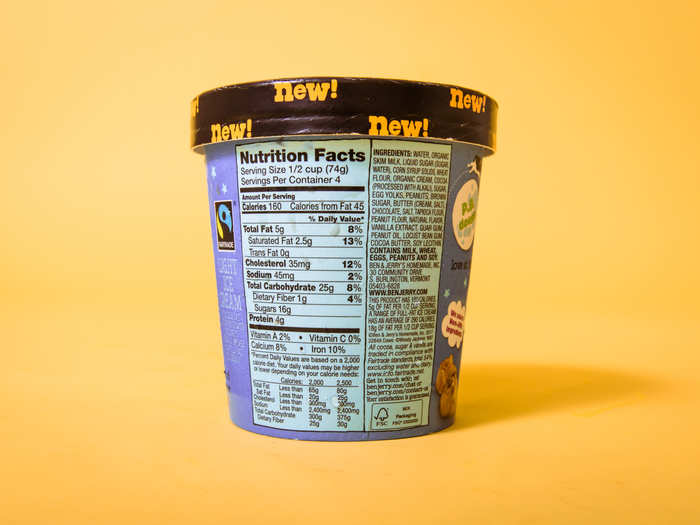 It had 160 calories per serving, or 640 for the whole pint. It had 5 grams of fat, 16 grams of sugar, and four grams of protein.