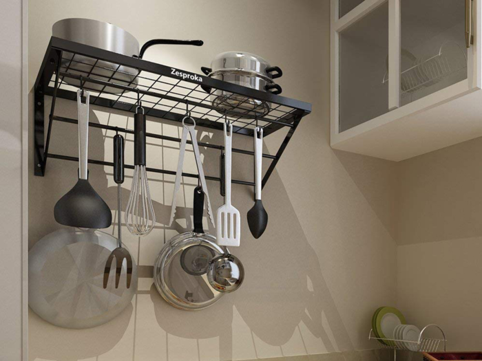 A hanging pot and pan rack