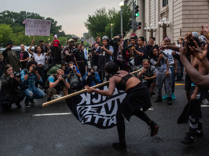 After the white supremacists were secreted away by police, the counter-protesters took to the streets.