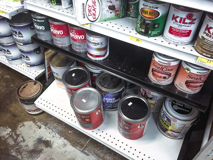 The paint aisles were a bit of a mess as well. One of the shelves seemed like it was about to topple over, and paint cans were everywhere.