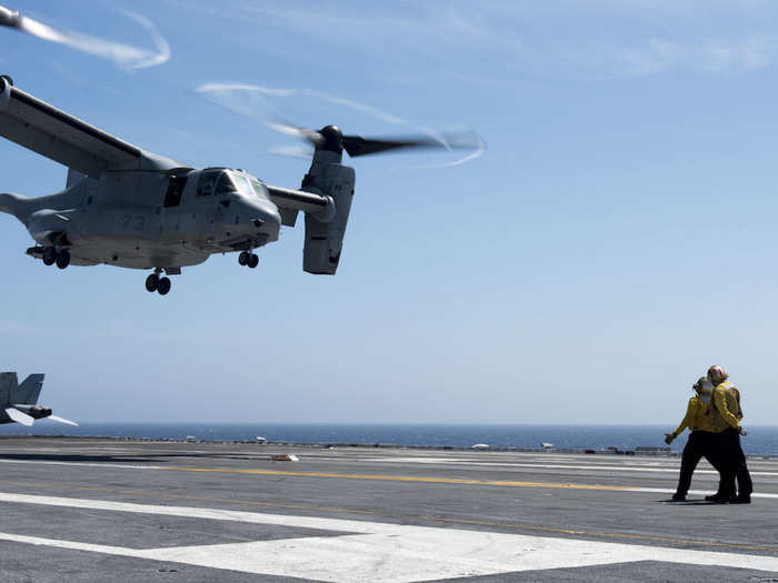 The expanded fuel capacity allows the CMV-22B to haul up to 6,000 pounds of cargo for a distance of 1,100 nautical miles, or roughly 1,265 statute miles. This beats out the Greyhound