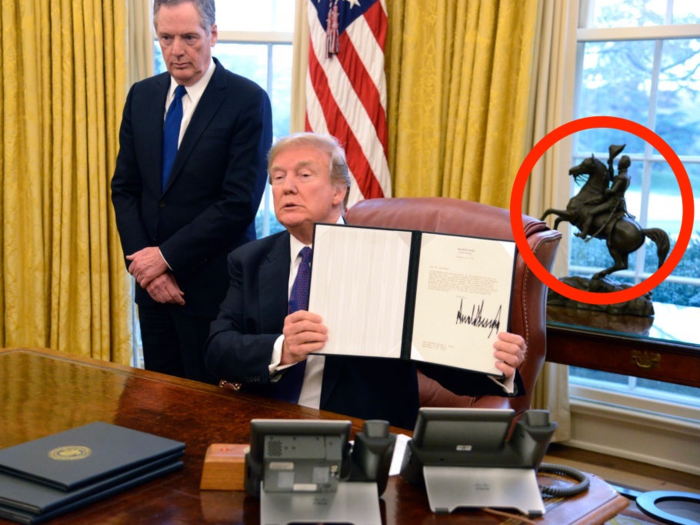 He also displays The Bronco Buster. This equestrian statuette was previously kept in the Oval Office by Lyndon Johnson, Gerald Ford, Jimmy Carter, Ronald Reagan, Bill Clinton, George W. Bush and Barack Obama.