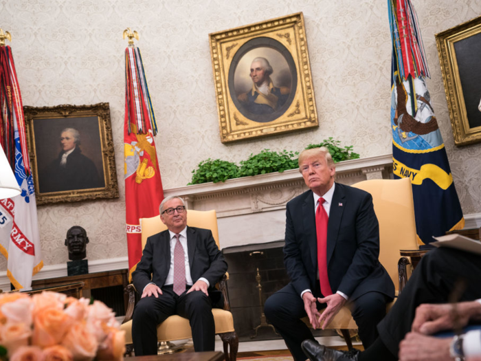 Per tradition, the Oval Office is adorned with paintings of the sitting president