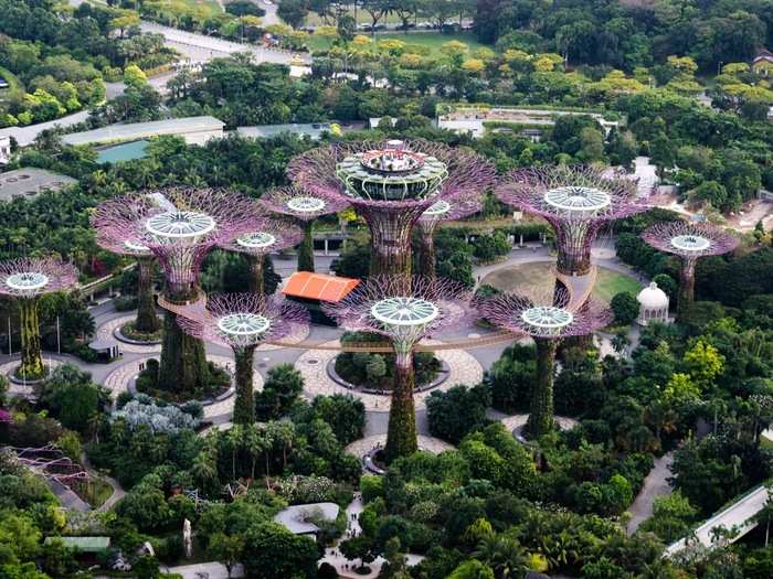 But most people know about the Gardens By The Bay because of the Supertree Grove, 12 tree-like structures that act as vertical gardens and range from 82 feet tall to 160 feet tall.