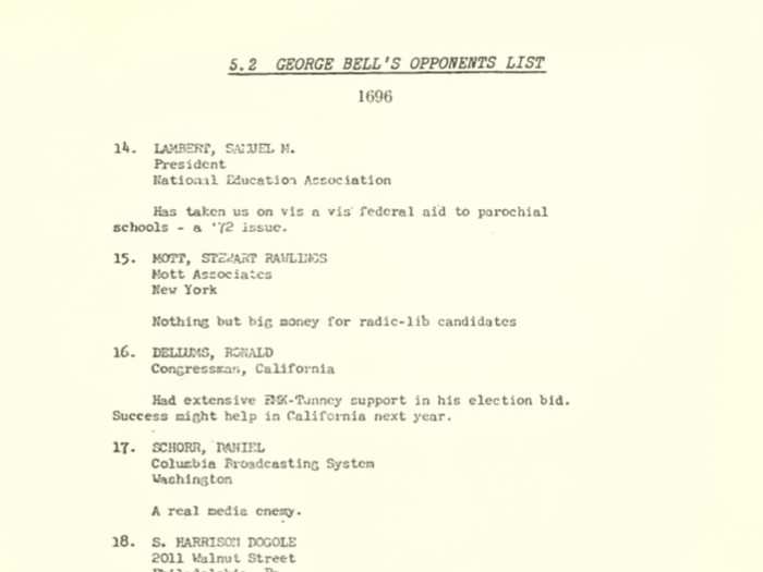 Journalist Daniel Schorr was a covering the Watergate scandal with CBS, and only discovered his name was #17 on the list when he went to read it aloud on air. The list describes Schorr as "a real media enemy," which echoes Trump