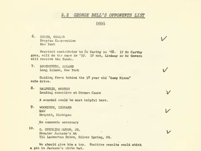 The list included free-wheeling descriptions of each subject, such as "first class S.O.B." for enemy #12, lawyer Sidney Davidoff. Bell also recommended a "scandal" to take down enemy #8, foreign policy specialist Morton Halperin.