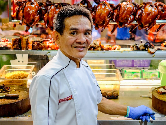 The following morning, I headed back to Chinatown to meet Chan Hon Meng, also known as Hawker Chan, the owner and chef of Liao Fan Hong Kong Soya Sauce Chicken Rice and Noodle. His hawker stall became the cheapest restaurant to earn a Michelin Star in 2016. His soya sauce chicken rice sells for less than $4.