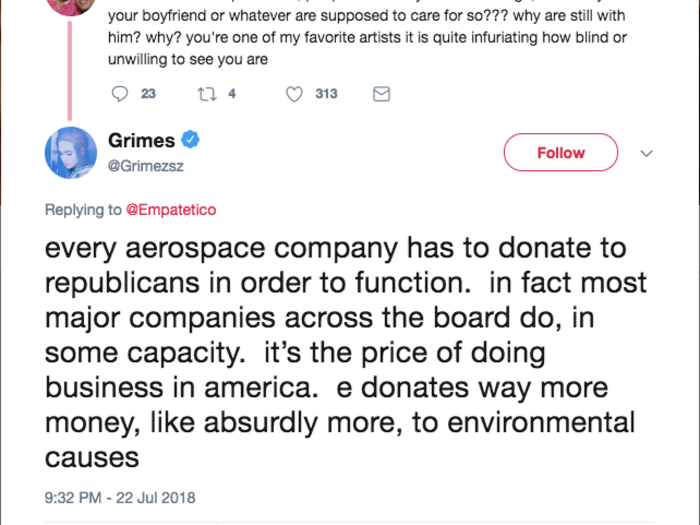 In July, after it was revealed that Musk has made donations to Republican political committees, Grimes defended his choice.