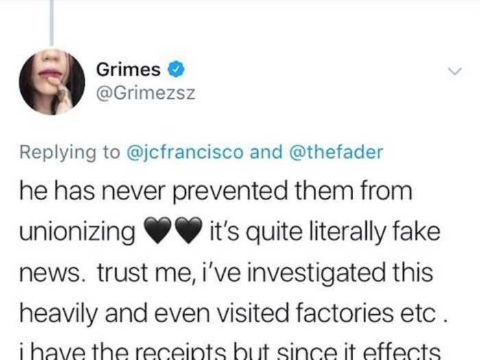 Grimes has taken to Twitter several times to defend Musk and Tesla. In since-deleted tweets, Grimes said Musk has never tried to stop Tesla workers from unionizing and claims she encouraged a union vote among Tesla employees.