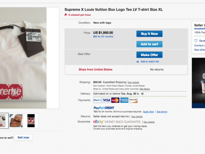 Though the sellers we spoke to typically make under $1,000 a month, some sellers are able to make much more than that from just one item. For example, a big-ticket item like the Supreme/Louis Vuitton Box Logo Tee — originally $495 — goes for well over $1,000 on eBay.