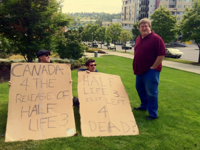 Two fans decided they had waited long enough, so they staged a two-man protest —complete with picket signs — outside the Valve headquarters.